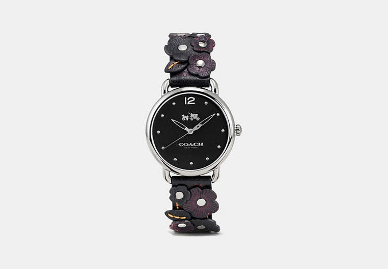 COACH®,DELANCEY WATCH WITH FLORAL APPLIQUE, 36MM,Leather,Black,Front View