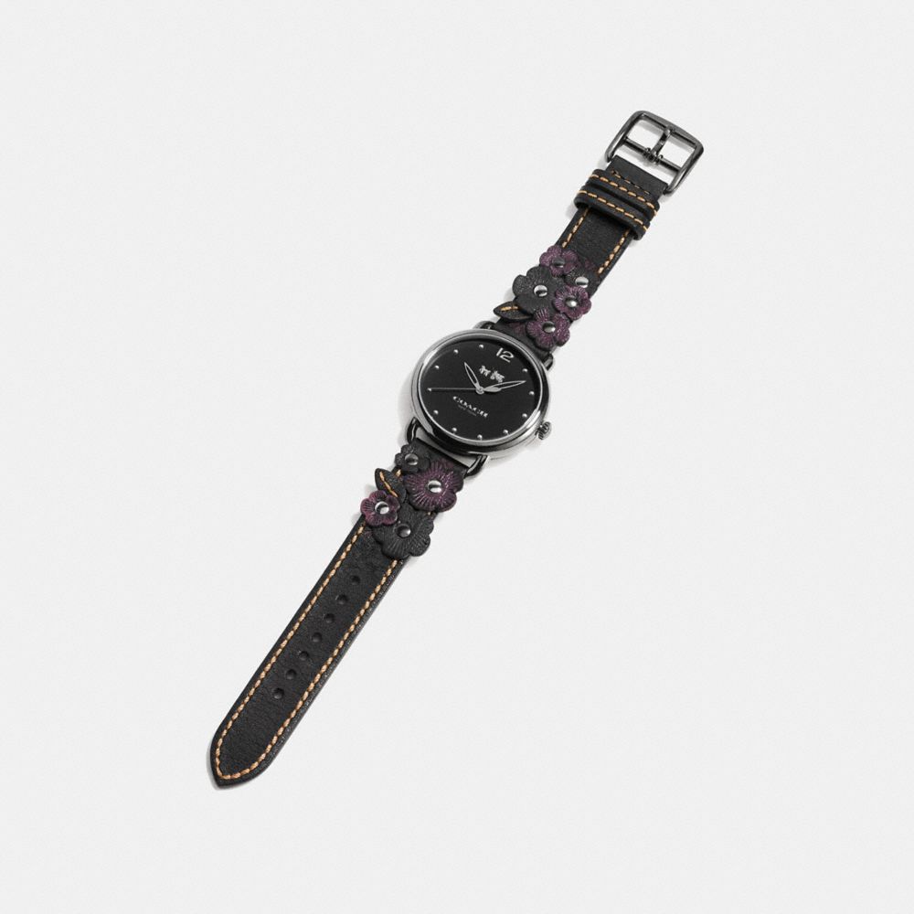 COACH®,DELANCEY WATCH WITH FLORAL APPLIQUE, 36MM,Leather,Black,Angle View