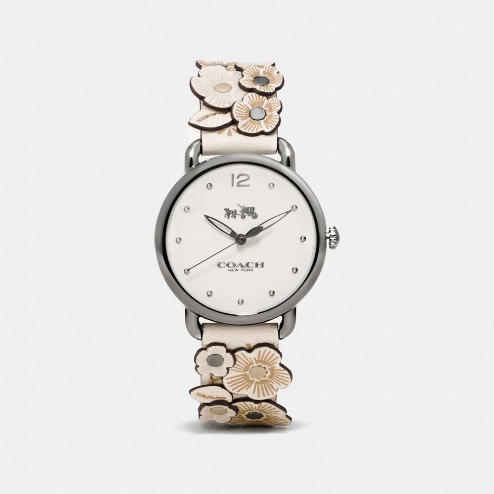 COACH®,DELANCEY WATCH WITH FLORAL APPLIQUE, 36MM,Leather,Chalk,Front View image number 0