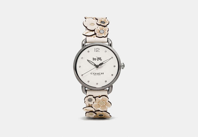 COACH®,DELANCEY WATCH WITH FLORAL APPLIQUE, 36MM,Leather,Chalk,Front View